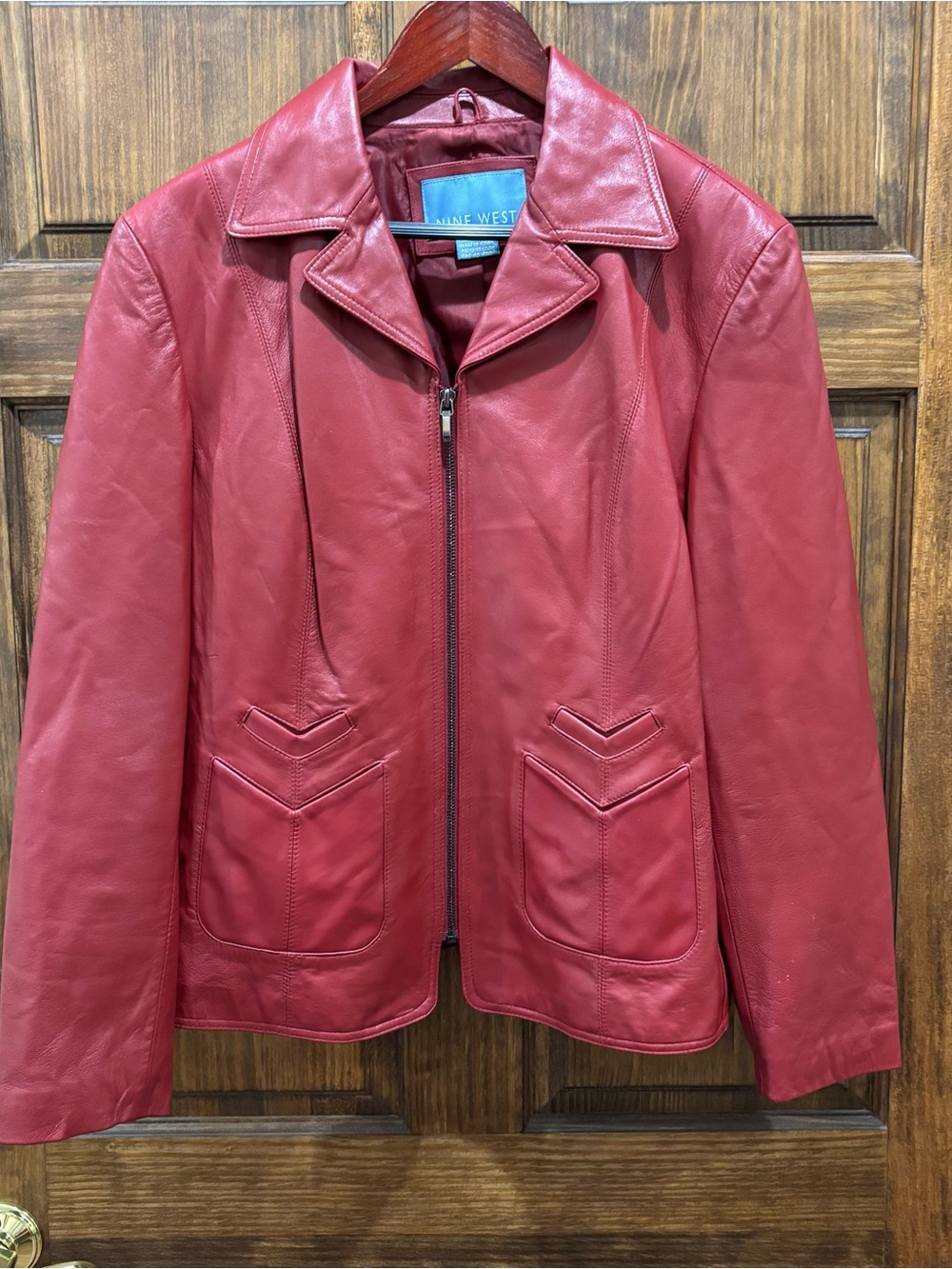 Vintage Nine West Women's Red Leather Zip Front Jacket